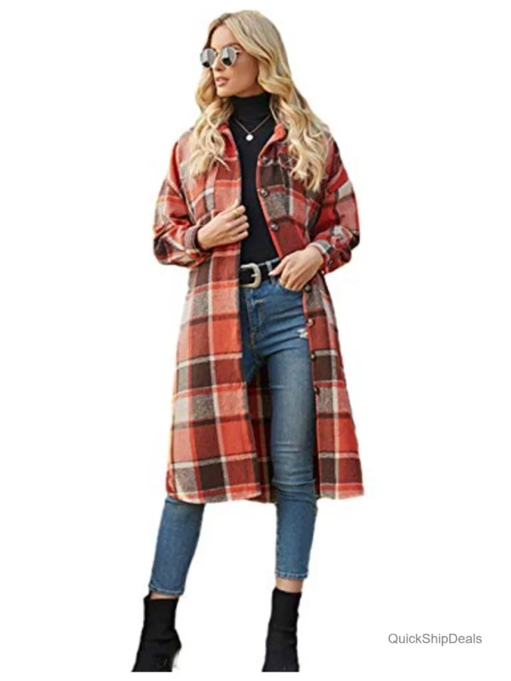 Women's Plaid Shacket Jacket Button Down Long Sleeve Oversized Casual Coat